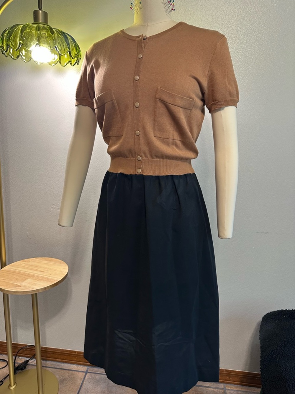 CHANEL Brown Short-Sleeve Knit Top with Black Skirt
